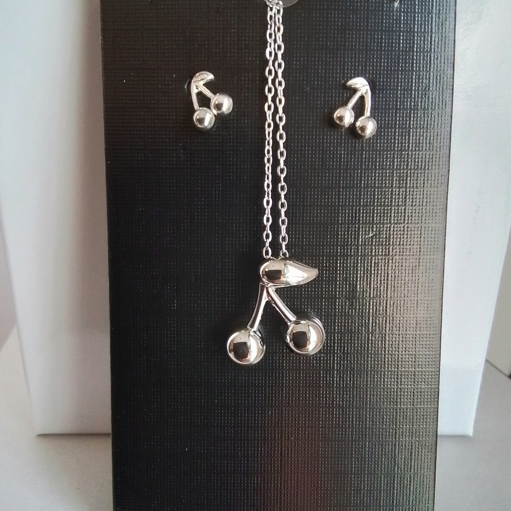 Silver Cherry Necklace and Earring Set